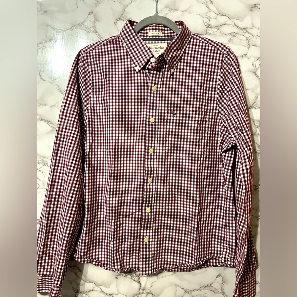 Men’s Preppy Abercrombie & Fitch Long Sleeve Shirt, Burgundy Gingham